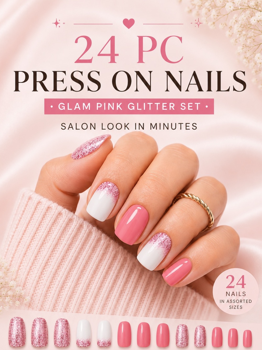 Pink Glitter Ombre Press-On Nails | Short Oval | 24 Piece Nail Set